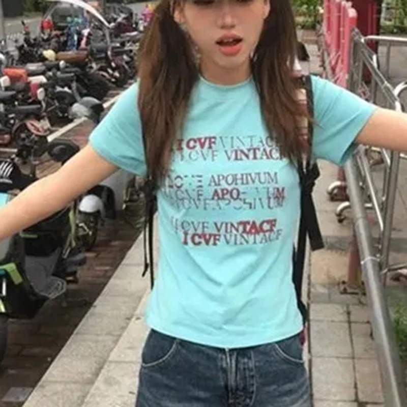 

Subculture Short Sleeve Tee Women Summer Harajuku Y2K American Vintage Top Slim Casual Streetwear Simple O Neck T Shirt