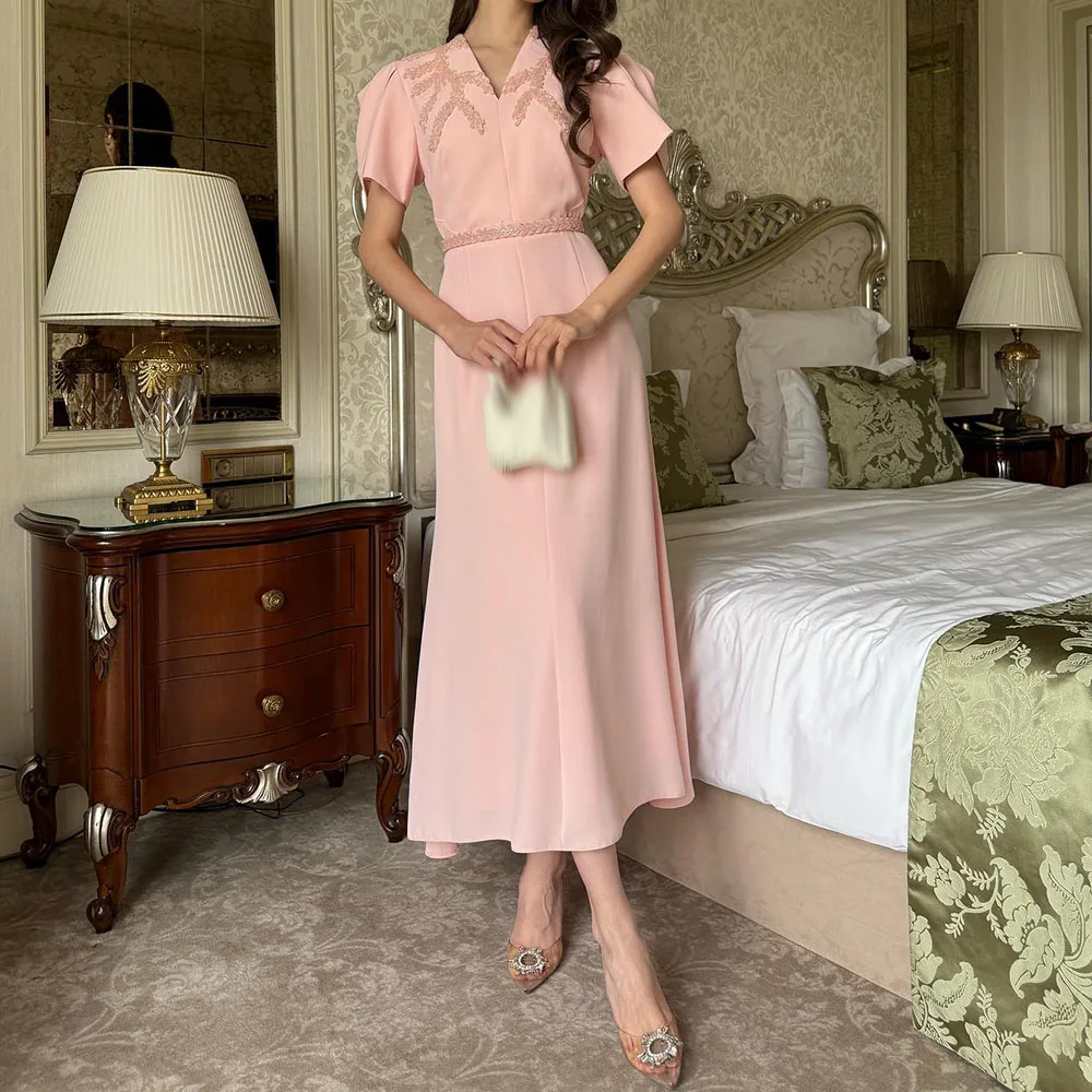 

Customized A-line Evening Dresses Tea-length V-neck Short Sleeve Prom Gown Fashion Beading Sashes Simple Draped Party Gown