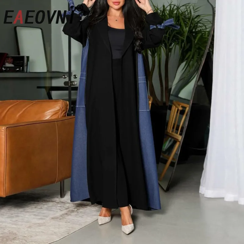 

EAEOVNI High Street Women Long Coat Blue Patchwork Contrast Color Design Pockets Loose Windbreaker 2025 New Clothing 1A1625