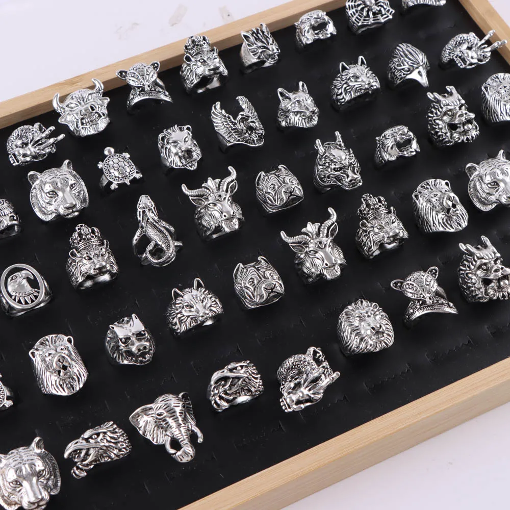 10Pcs/Lot Fashion Vintage Punk Antique Personality Skull Animals Rings Jewelry For Men Women Retro Snake Lion Mix Style Party