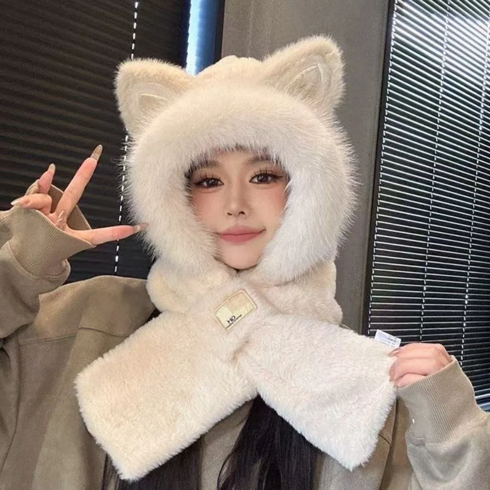 

Hooded Scarf for Women 2-in-1 Keep Warm Hat Scarf Fox Ears Windproof Ear Protection Thicken Winter Plush Scarf Autumn Winter