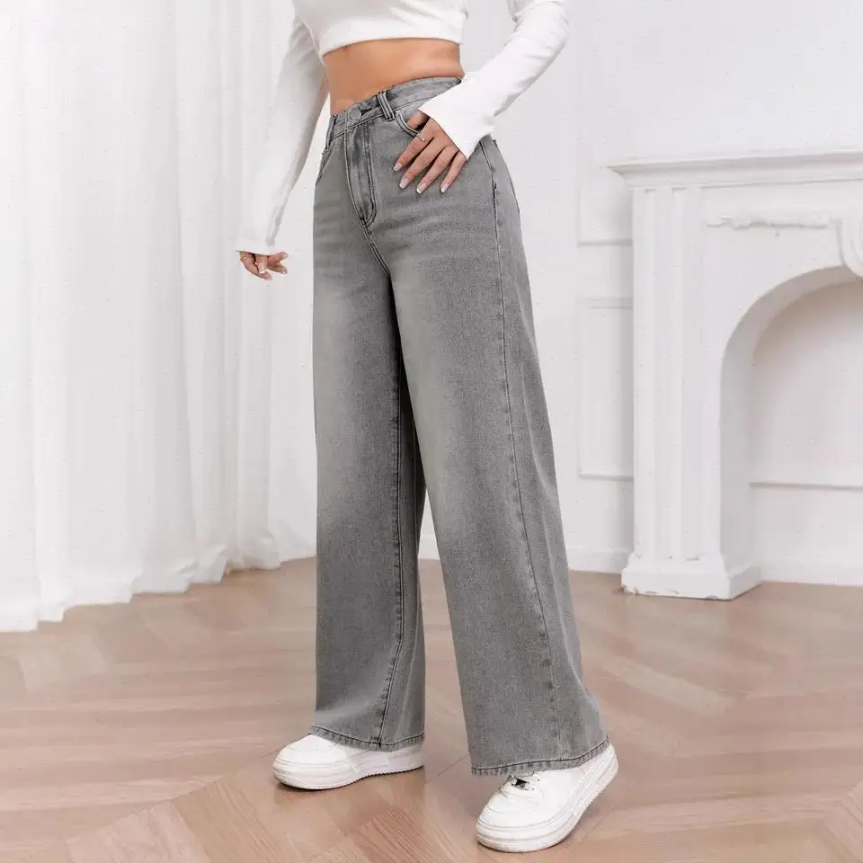 Denim Wide Leg Pants Women Streetwear Jeans Washed High Waist Straight Trousers Lady Vintage Basics Full Length Pant Autumn