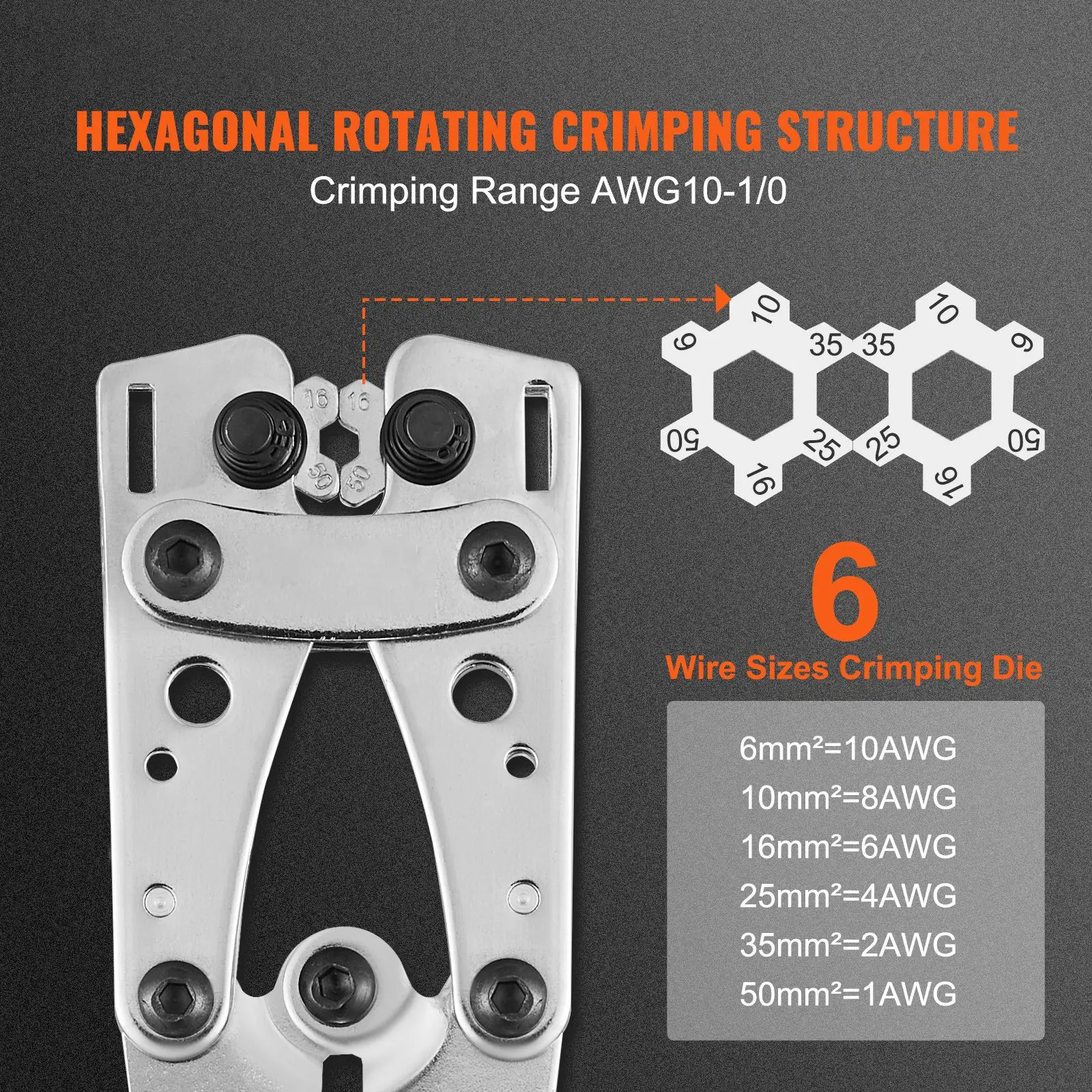 Battery Cable Lug Crimping Tool, 10-1/0AWG with Cutter and 48PCS Copper Ring Terminals, 6 Wire Sizes Die 100pcs Heat Shrink