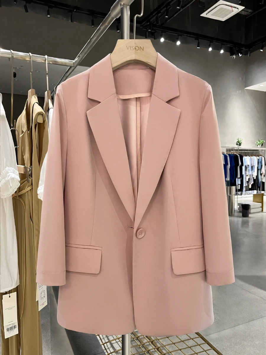 

Pink Thin Seven-Quarter Sve Profional Suit Jaet Women's Summer New Sweet Maturi Hong Kong Sle Polyester Fabric