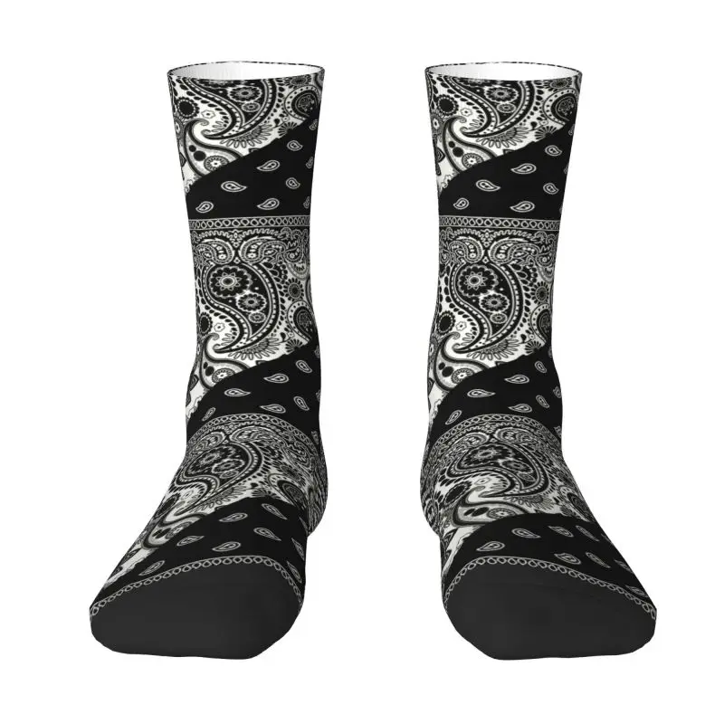 Funny Men\'s Bandana Style Black And White Pattern Dress Socks Unisex Breathbale Warm 3D Printing Paisley Chicano Crew Socks