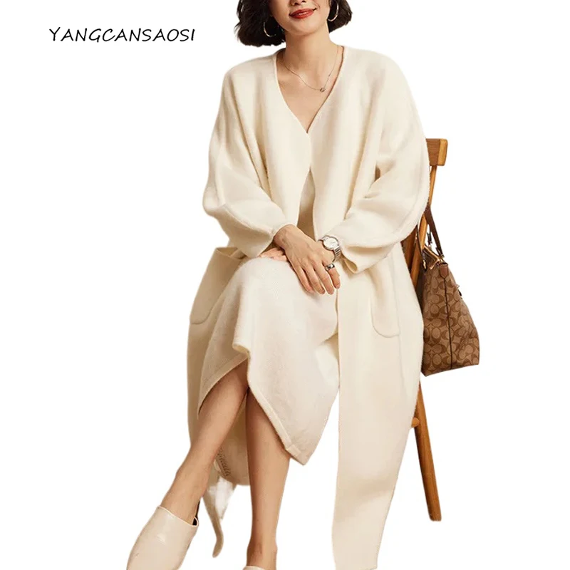 

2025 Women's Loose and Fashionable Casual Style Soft 100% Cashmere Solid Color Long Lantern Sleeve Cashmere Sweater Cardigan