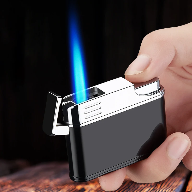 

Square Metal Business Torch Lighter Blue Flame Inflatable Windproof Lighter One Key Press Ignition Lighters Smoking