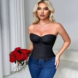 Sexy Black Striped Corset Elegant Office Lady Strapless Zip with Push Up Cup Bandage Club Women Fashion Slim Corselet Top