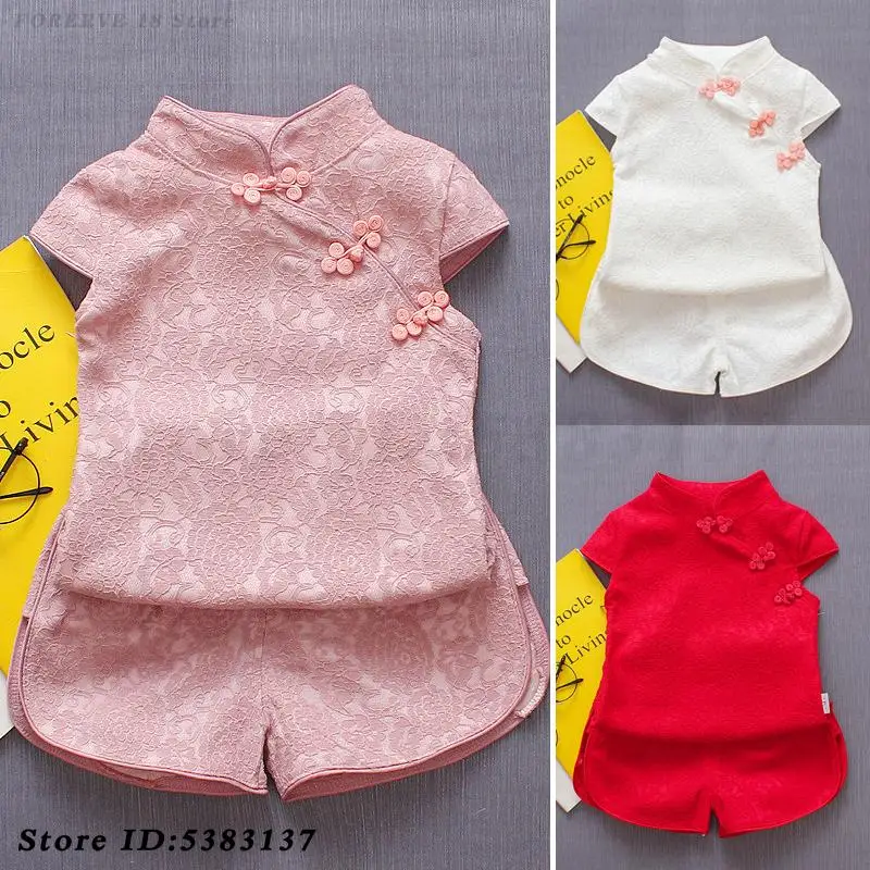 Children's Tang Suit Summer Short Sleeve Vintage Button Top+Shorts Set Girls Sweety Lace Flower Cheongsam Cotton Soft 2PCS Qipao