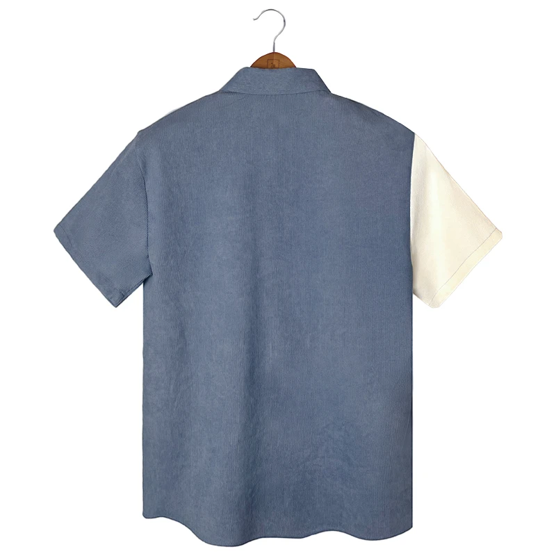 New Summer Men's Shirt Corduroy Fashion Casual Wear Turndown Solid Collar Blue and White Short Sleeved Men's Clothing