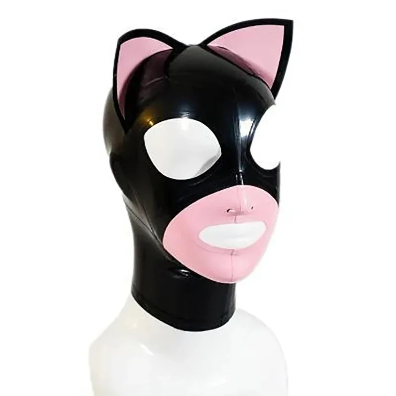 หน้ากากยางสีดำแบบมีฮู้ด พร้อมหูแมวสีชมพู ซิปหลัง ตาและปากเปิด สำหรับคอสเพลย์ ชุดคลับ  พร็อพแต่งกาย gh;0
