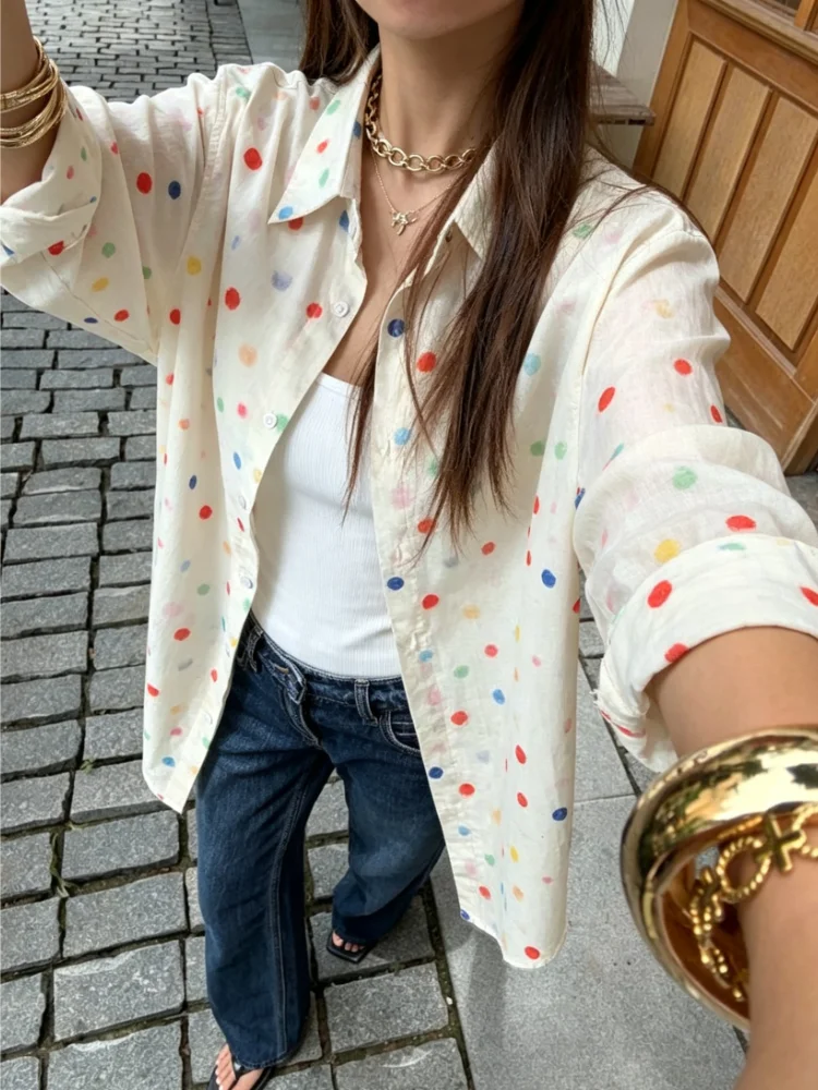 Preppy Sweet Chic New Spring Colorful Polka Dot Shirt Women Beige Lapel Long Sleeve Oversized Loose Casual Vacation Blouse