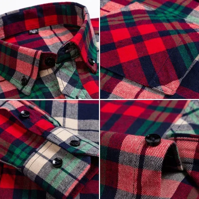 Autumn Winter Plaid Shirts Thick Flannel Shirt Standard-Fit for Men Long Sleeve Pure Cotton  Patch Pocket Design Young