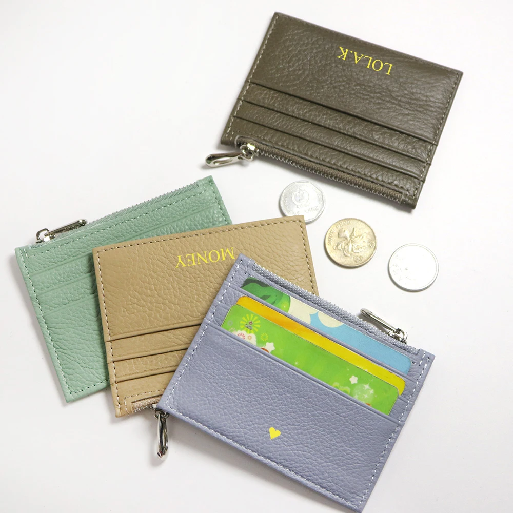 Engrave Letters Leather Card Holder DIY Custom Name Gift Genuine Leather Business Cardholder Mini Zip Slim Card Wallet
