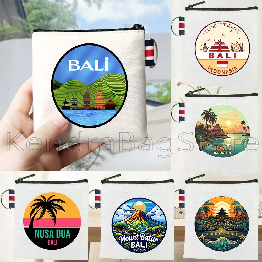

Bali Indonesia City Skyline Emblem Uluwatu Nusa Dua Gili Islands Beach Sea Canvas Coin Purse Key Case Small Bag Wallet Pouch