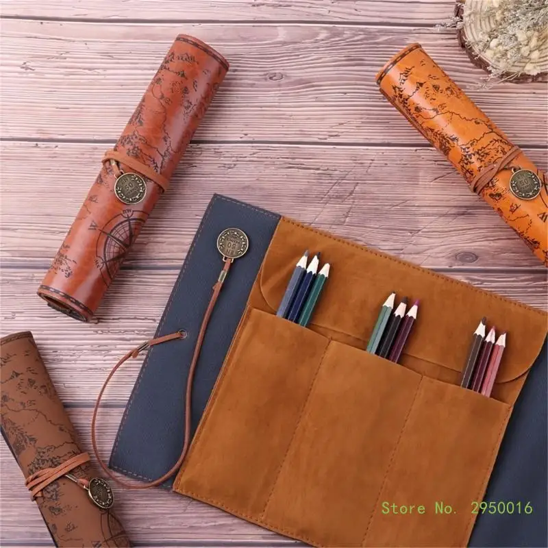 

4pcs Leather Pencil Case Large Capacity Pencil Case Treasure Map Pencil Bag for Pen Pencil Paint Brush Cosmetics Storage