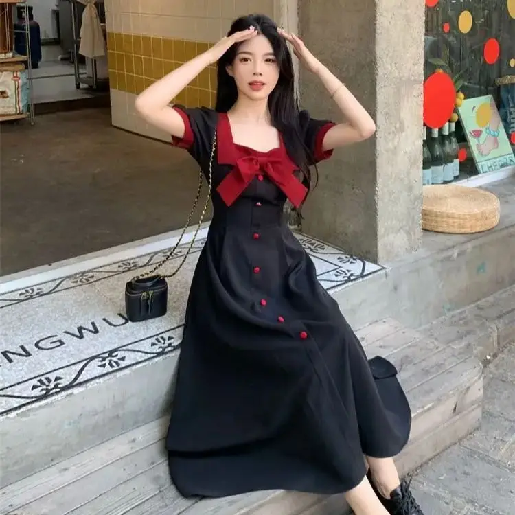 

French Hepburn Style A-Line Dress Women Summer New Style Waist-Hugging High-End Design Square Neck Skirt