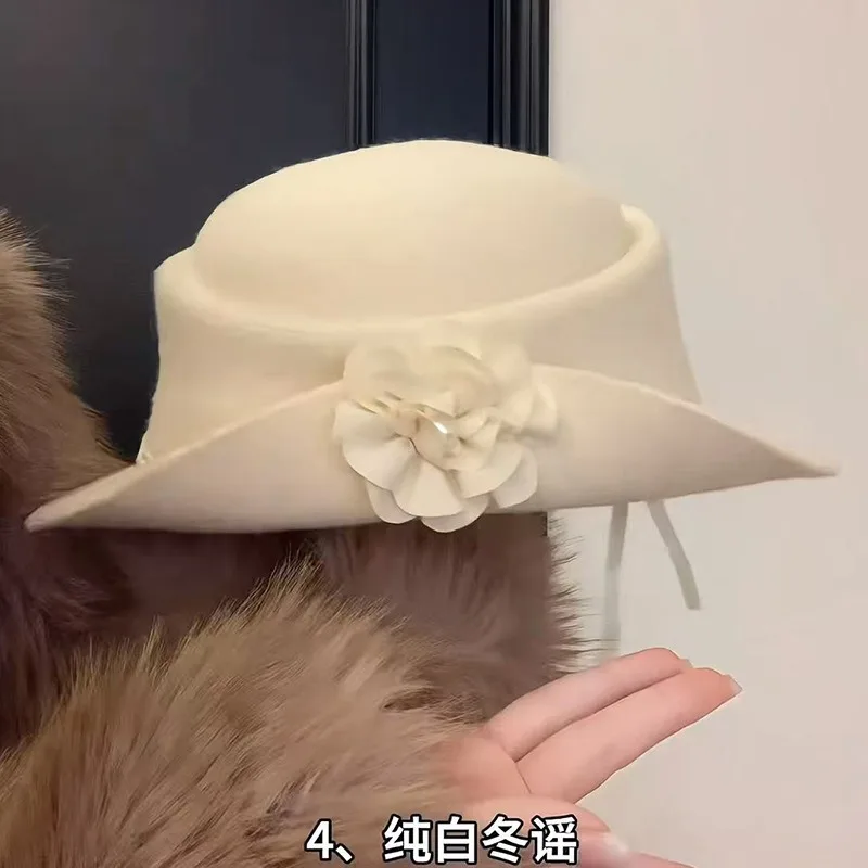 2026 Women's Autumn Winter French Style Pearl Flower Rolled Brim Bucket Fedora Hat