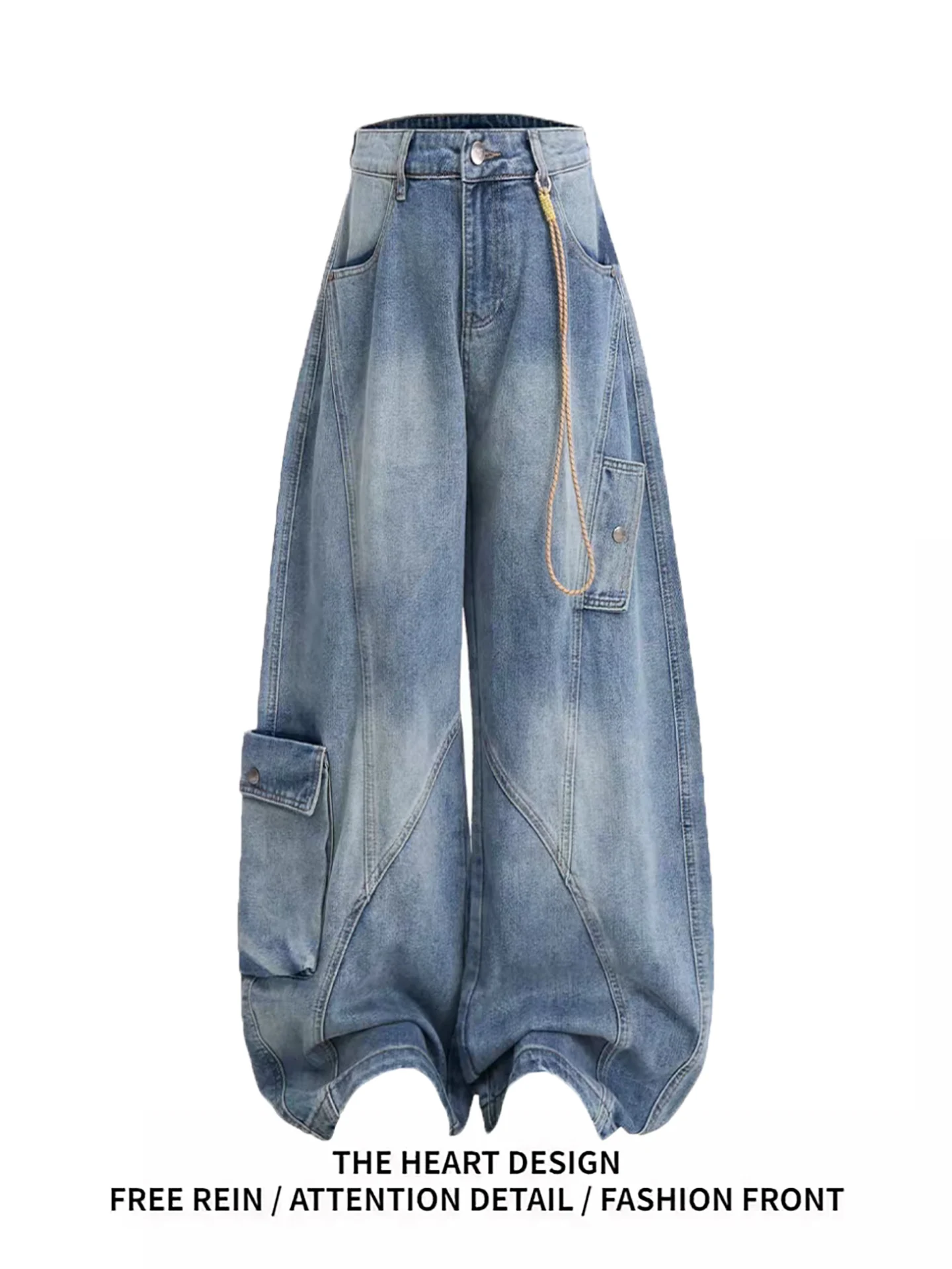 

Широкие джинсы с высокой талией в американском стиле ретро, женские осенние новые дизайнерские рабочие брюки, синие джинсовые брюки с ножом на талии