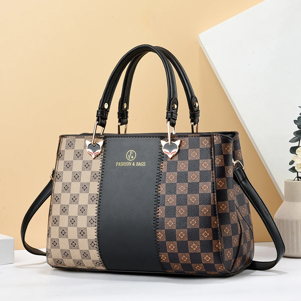 Colorblock Handbag For Women, Checkered Pattern Crossbody Bag, Trendy Top Handle Purse