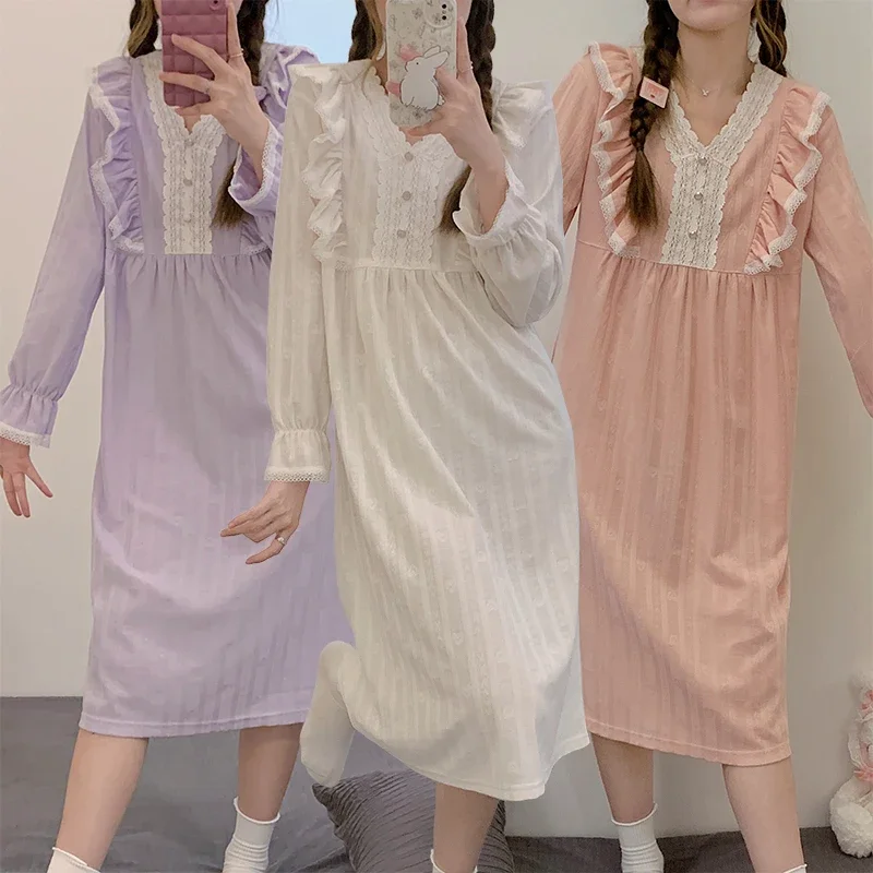 

2023 New Autumn Cotton Long Sleeve Sexy Lace V-neck Nightgowns for Women Cute Long Dress Sleepwear Night Dress Nightdress Nighty