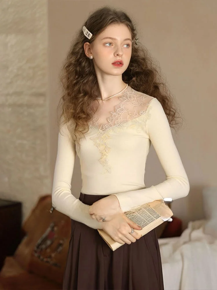 

Ele Lady Sle Lace V-ne Bell Sve Base irt Skin-friendly Autumn New Arrival Slim Fit T-irt for Women