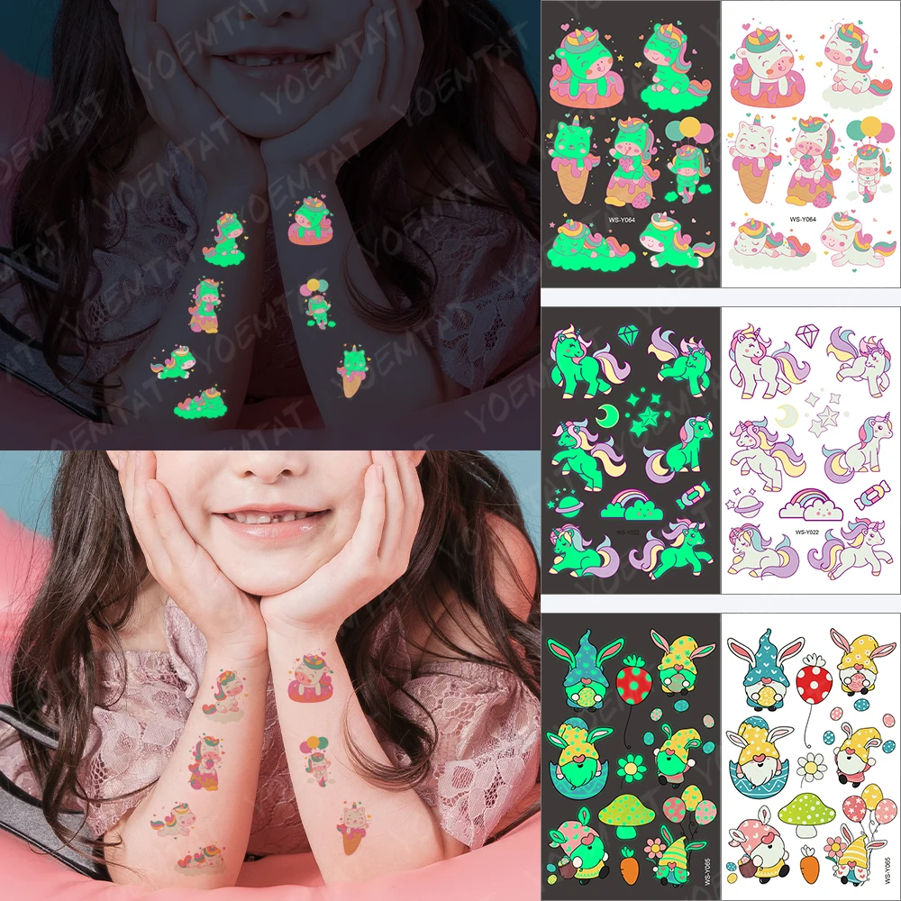 

Summer New Luminous Children Cute Waterproof Temporary Tattoo Stickers Unicorn Pink Glowing Tatoo Kids Arm Flashing Fake Tatto