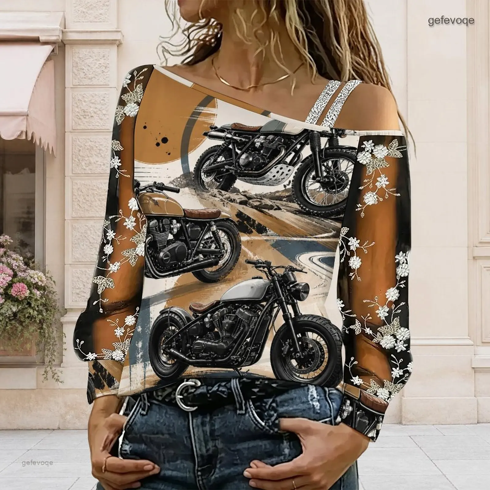 Women Asymmetric Off Shoulder Printed Vintage Motorcycle White Floral Long Sleeve Top