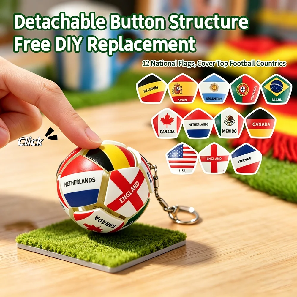 Nouvel Arrivage : Porte-clés Fidget Clicker Détachable avec 12 Drapeaux Nationaux, Cadeau pour Fan de Football, Jouet de Décompression, Pendentif Souvenir