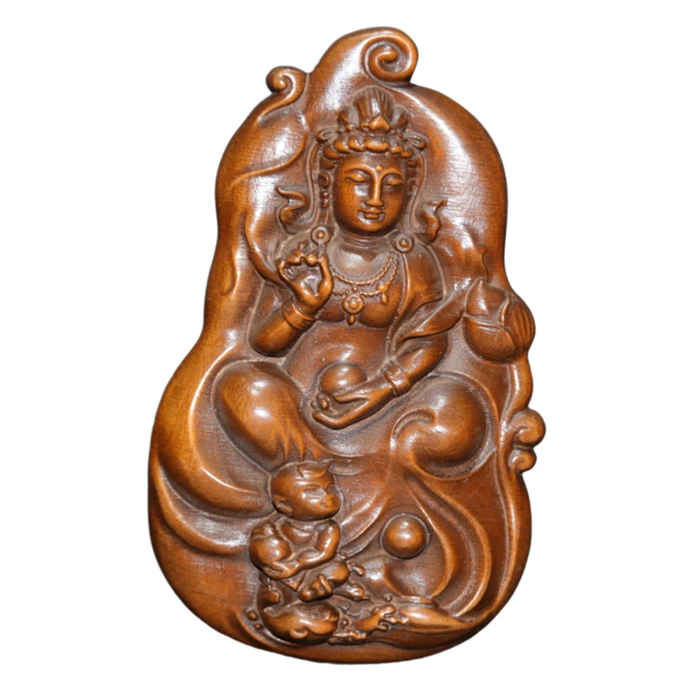 Artisanat traditionnel de sculpture sur bois, pendentif Kuan Yin, sculpté à la main en bois, double face, enfant chinois apportant la plaque de la compassion et la paix
