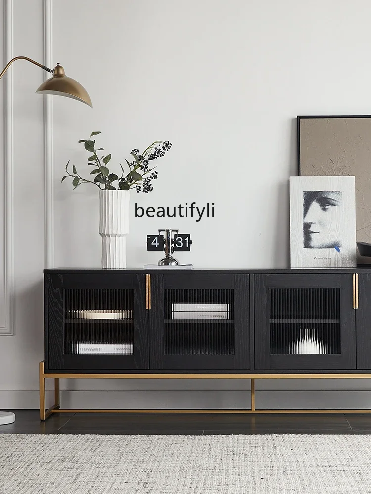 

44TV Cabinet and Tea Table Combination Nordic Retro Solid Wood Cloth TV Cabinet Glass Side Cabinet