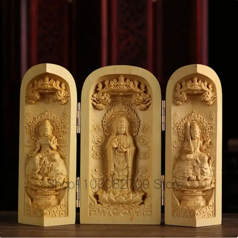 Boxwood Wood Carved Decor Three Open Box Guanyin Guan Yu Ksitigarbha Three Holy Buddhas Craft Home Decoration Ornament Statue