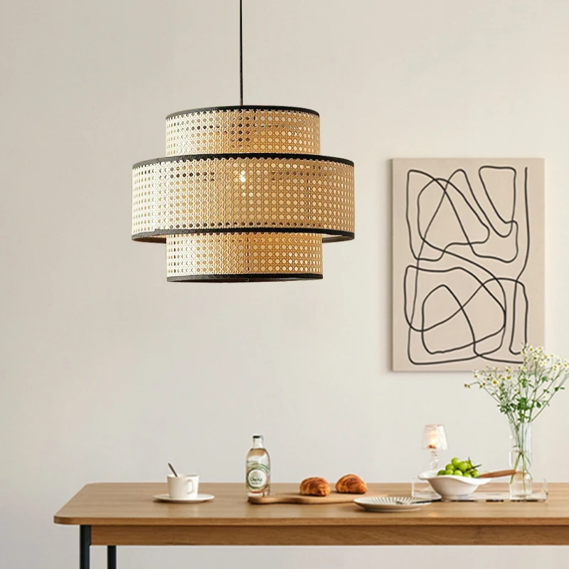 

Japanese Creative LED Pendant Lights Korean Style Rattan Cord Adjustable Dinning room Foyer Bedroom Hanging Light Fixtures E27