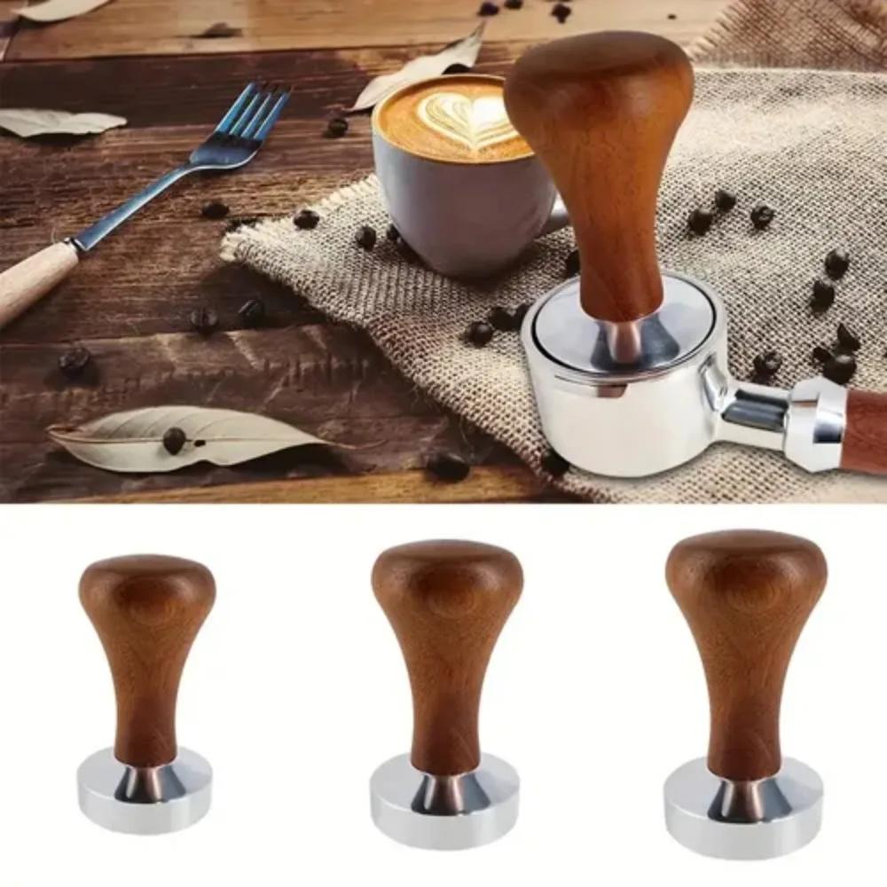 Black Wooden Handle Solid Wood Espresso Coffee Tamper Flat Base Aluminum Coffee Powder Pressing Hammer 51mm/53mm/58mm Manual