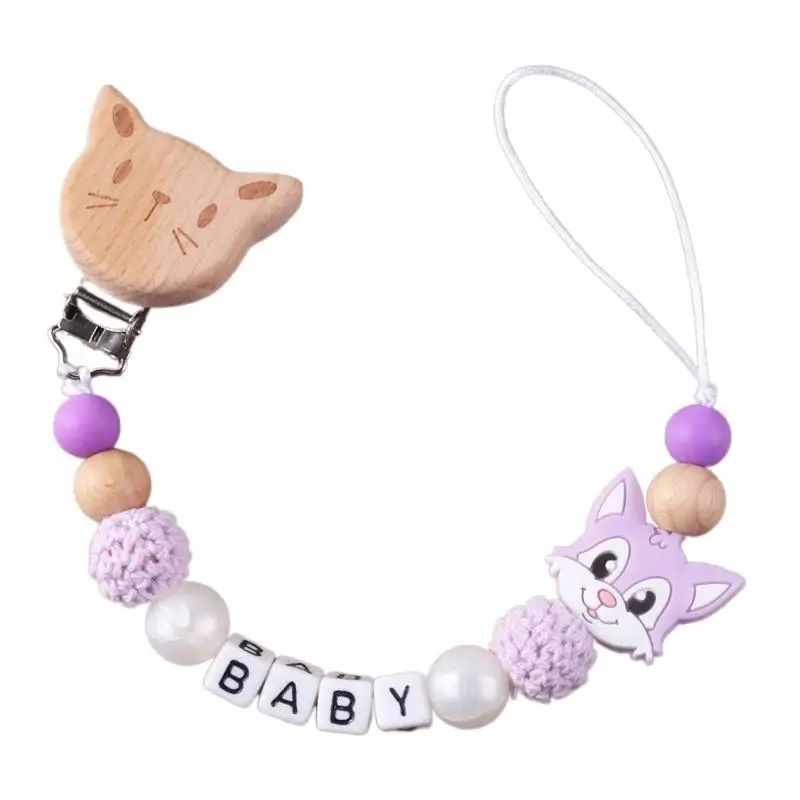 New Personalized Baby Pacifier Clip Beech Wood Animal Clip Custom Name Teether Pacifier Anti-Drop Molar Chain Baby Toy