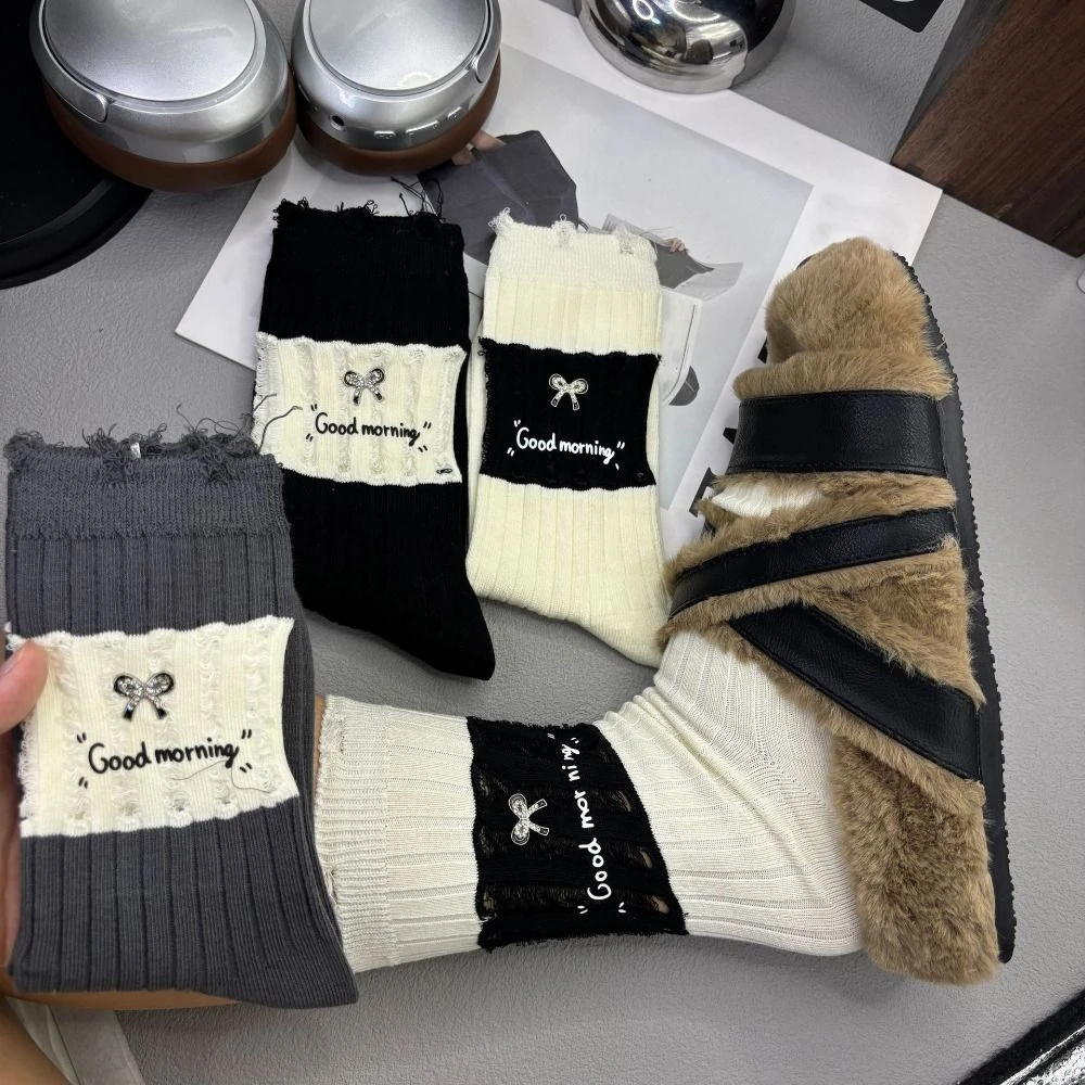 

Unique Black White Women's Cotton Socks Mid-calf Bow Ruffle Hollow Sock Hosiery Patchwork Ripped Tube Socks Autumn