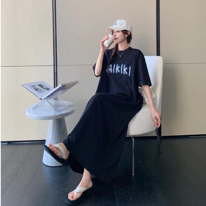 ฤดูร้อนใหม่ผู้หญิงเกาหลีเสื้อยืดชุด Vestidos Robe Elbise หลวม PLUS ขนาดพิมพ์แขนสั้นชุดลําลองยาว Vestidos