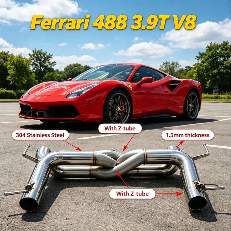 High Performance Catback Exhaust w Z-Tube for Ferrari 488 3.9T V8 2015-2019, Sport Mid Rear Exhaust System Upgrade