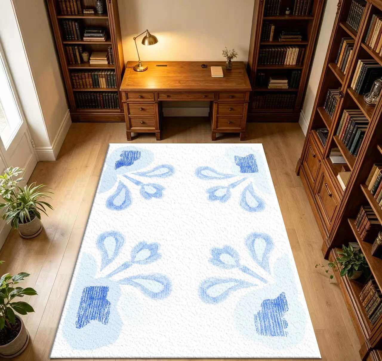 Light Blue Sketch Floral Tile Carpet Minimalist Aesthetic Home Living Room Floor Carpet