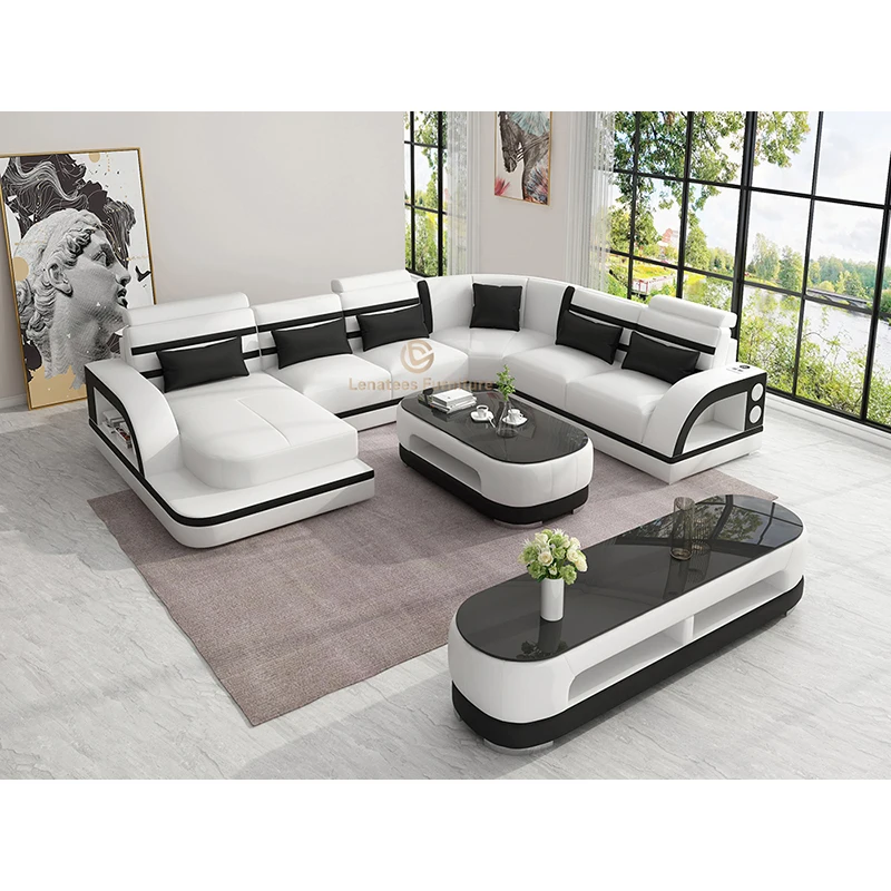 

Modern L-shaped sofa high rebound foam simple leather sofa living room combination function luxury sofa set