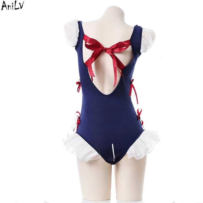 AniLV Anime Kawaii Girl Chest Pad Zipper Open Crotch Bodysuit Swimsuit Cosplay Women Cute Maid Uniform Costumes