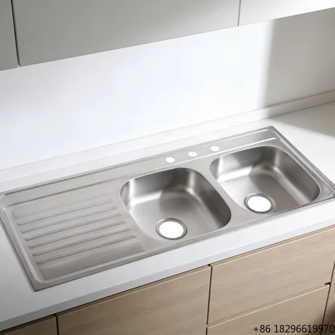 

Wholesale 304 Stainless Steel Double Bowl Kitchen Sink With Drainboard Drop-in Installation Home Commercial
