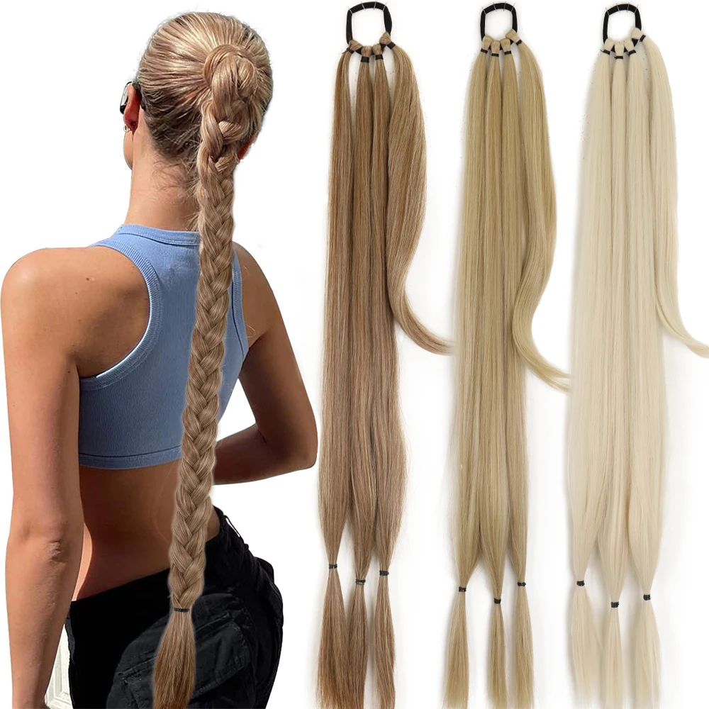 Cola de Caballo Extra larga con lazo para el cabello, extensión de cola de caballo trenzada sintética, cabello negro Natural, cabello falso liso, trenzado DIY, 34"