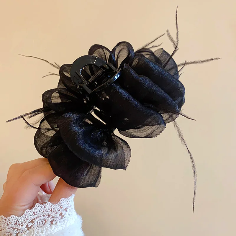 女性用プリーツメッシュヘアクリップ,弓,羽,アクリル,用途の広いアクセサリー,豪華なファッション,新しい