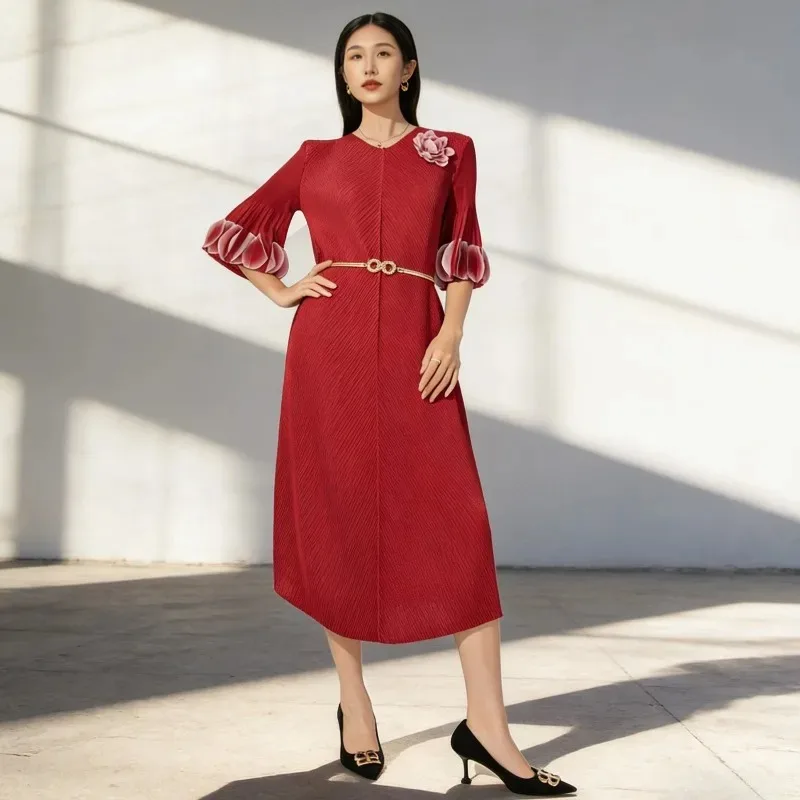 Miyake-vestido plisado de Color liso para mujer, vestido largo elástico holgado y fino drapeado europeo de talla grande, ropa para ir al trabajo en la oficina