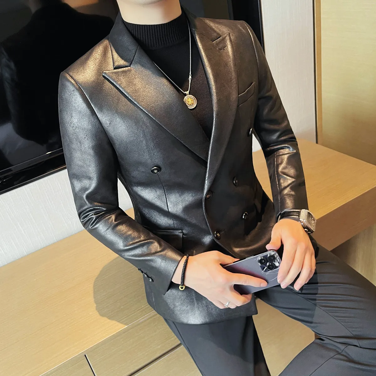 

Back Double Fork Blazer Jacket Men High Quality Fashion PU Leather Elegant Mens Blazers Business Formal Wear Slim Fit Suit Coats