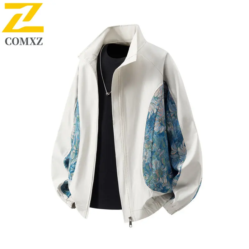 2025 New Men's Jacket Floral Embroidery Trendy Versatile Comfortable Breathable Collar Jacket Outdoor Casual Men's Zipper Coat