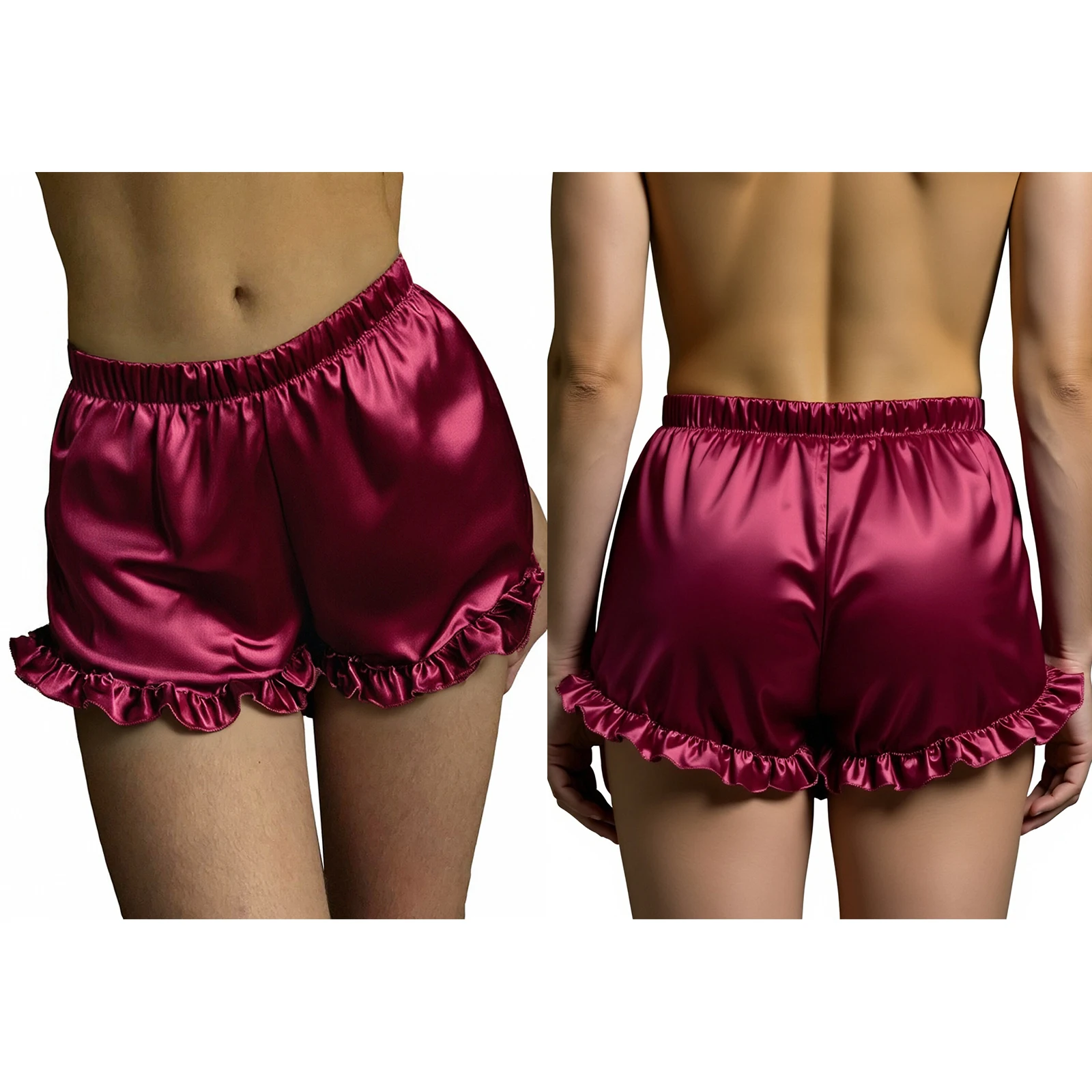 Dames satijnen loungeshorts met ruches, losse pasvorm, slaapshorts, zomerbroekjes, pyjama, effen kleur_voghion.com