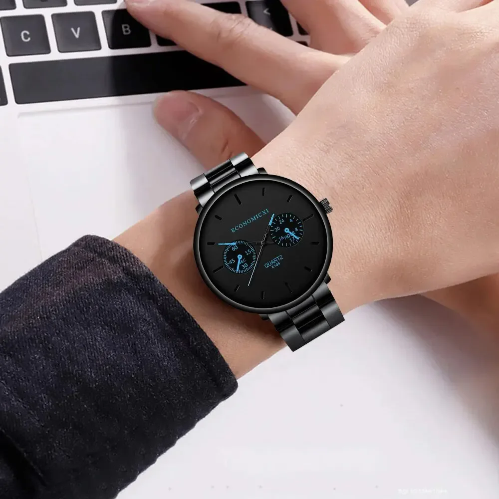 Men's Fashion Trend Casual Three Eyes Digital Blue Needle Steel Band Quartz Watch To Husband Friends Christmas Birthday Gift