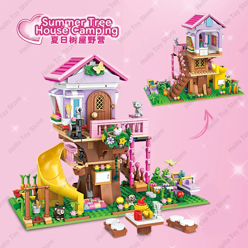 2024 Amicizia Summer Treehouse Building Blocks Camping House Modello Classic Girl Princess Figure Mattoni Giocattolo di compleanno Regali fai da te